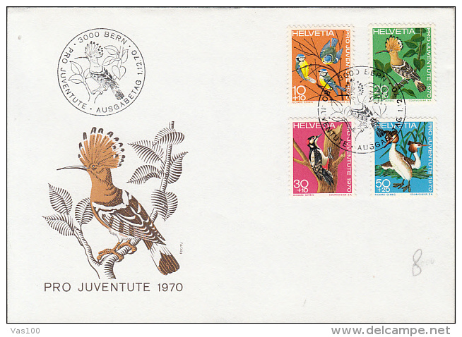 BIRDS, HOOPOE, WOODPECKER, BLUE TIT, GREBE, PRO JUVENTUTE, COVER FDC, 1970, SWITZERLAND - Pics & Grimpeurs