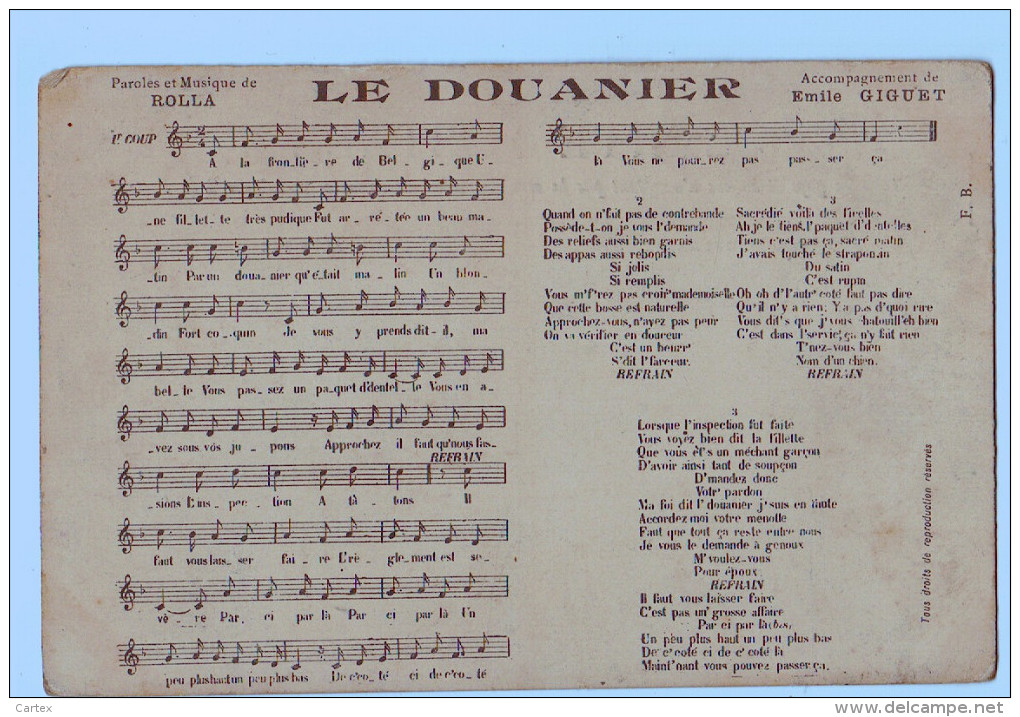 9104   Cpa   Chanson " LE DOUANIER" Paroles Et Musique De Bolla , Partition ! - Music And Musicians