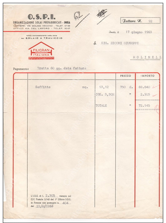 O.S.P.I. ORGANIZZAZIONE SOLAI PREFABBRICATI - IMOLA - PER DITTA DI MOLINELLA (BOLOGNA) - DATATA ANNO 1963 - Italia