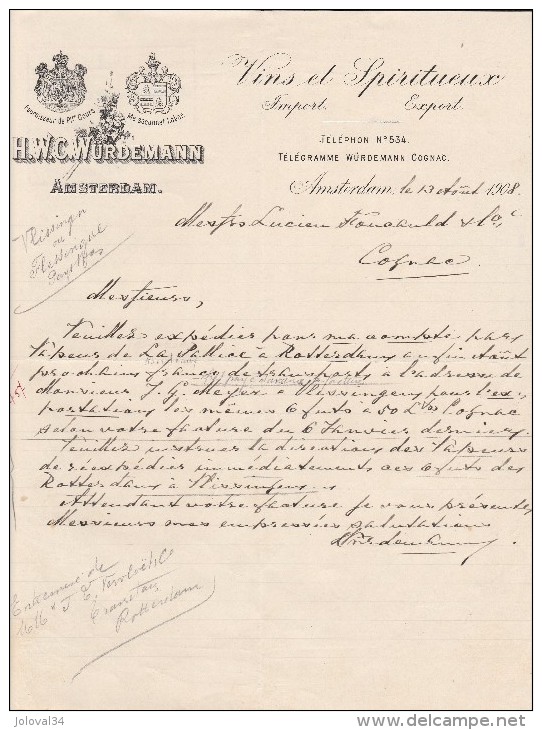 Lettre 1908 H W C Würdemann Vins Spiritueux AMSTERDAM - Netherlands