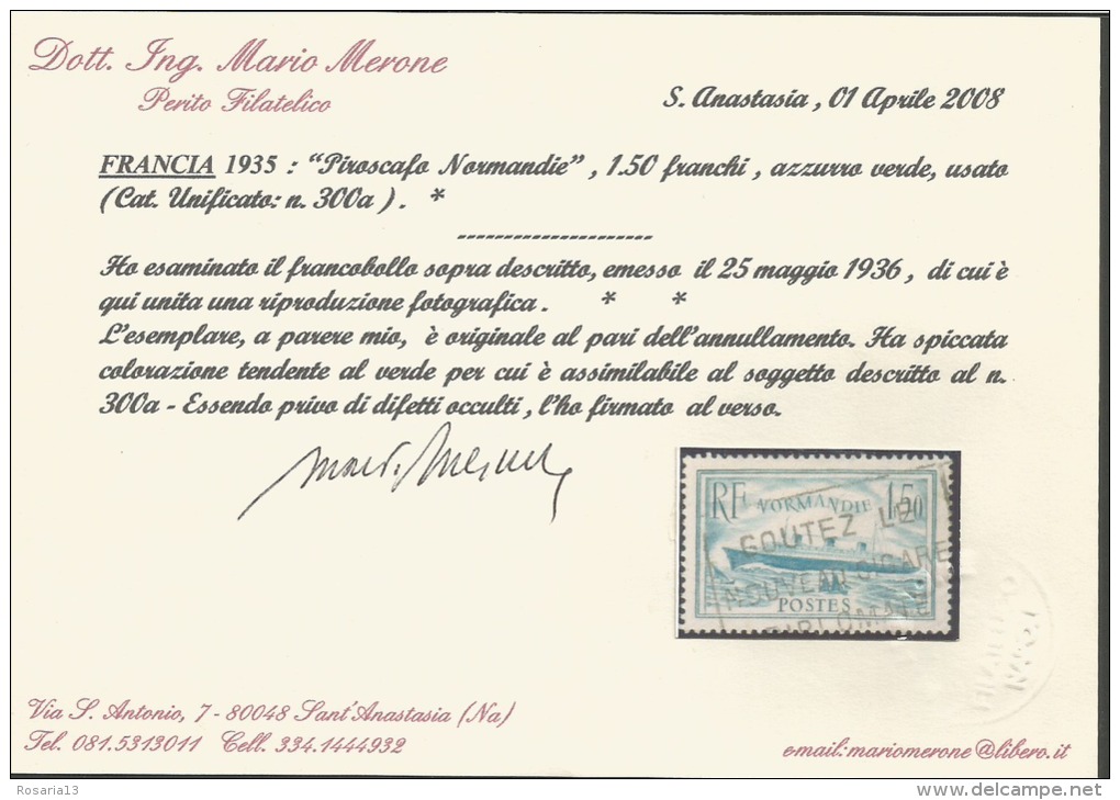 FRANCE 1935, Piroscafo NORMANDIE, 1,50 FRANCHI, GREEN Bleu Utilisé, CAT. UNIFIED. N ° 300a, CERTIFICAT, RARE - Usados