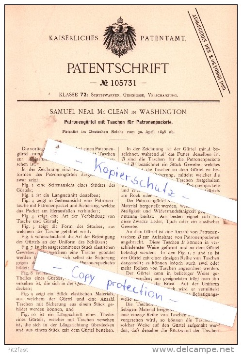 Original Patent  - Samuel Neal Mc Clean In Washington , 1898 , Tasche Für Patronen , Munition , Ammunion !!! - 1914-18