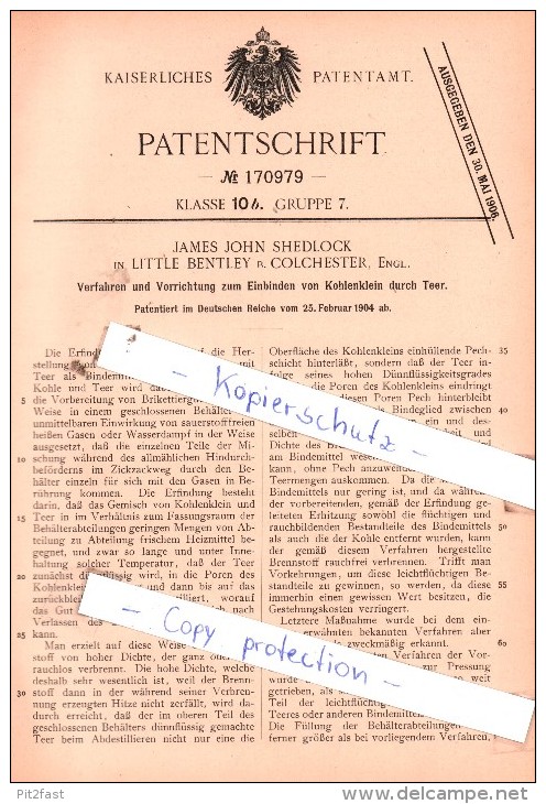 Original Patent  - James John Shedlock In Little Bentley B. Colchester, Engl. , 1904 , !!! - Colchester