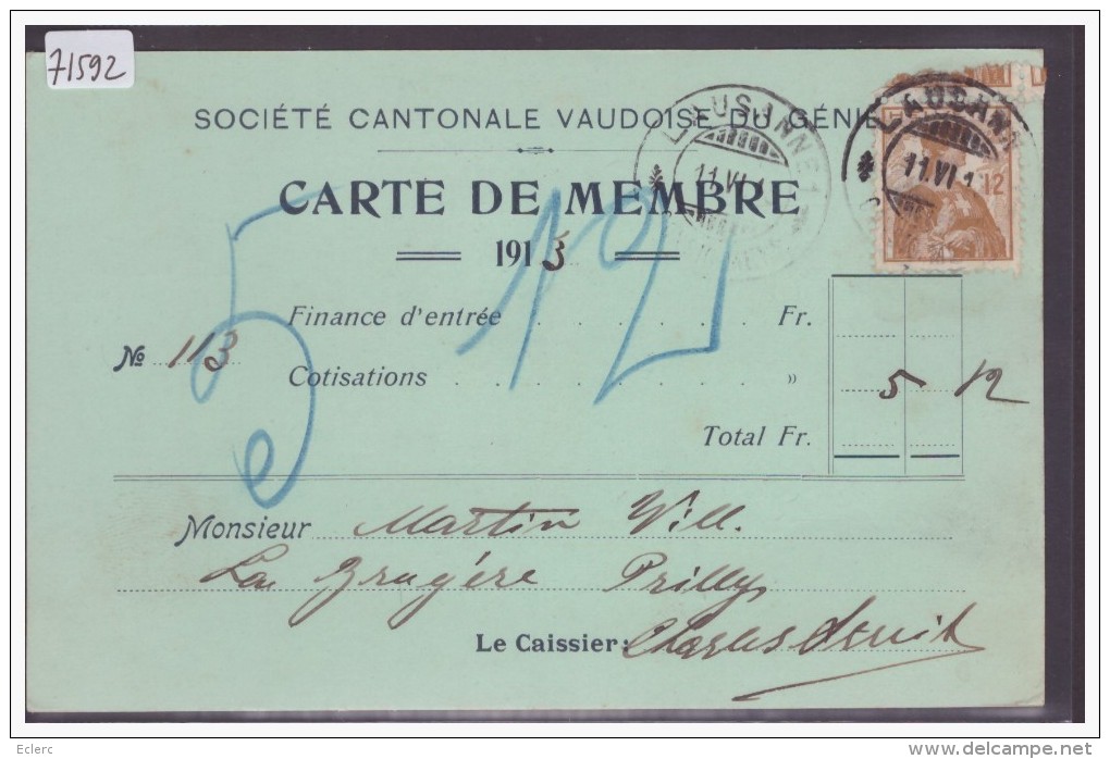 SOCIETE CANTONALE VAUDOISE DU GENIE - CARTE DE MEMBRE 1913 - TB - Le Vaud