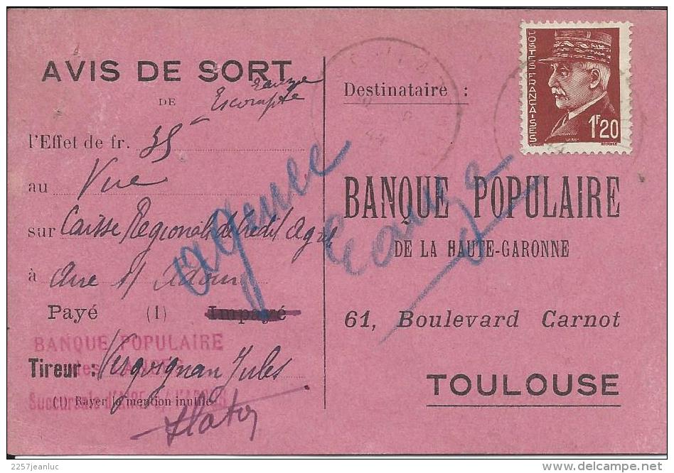 Rare Carte D'Avis De Sort  Pour La Banque Populaire De Toulouse Timbre Pétain 1.20f   De 1944 - Toulouse