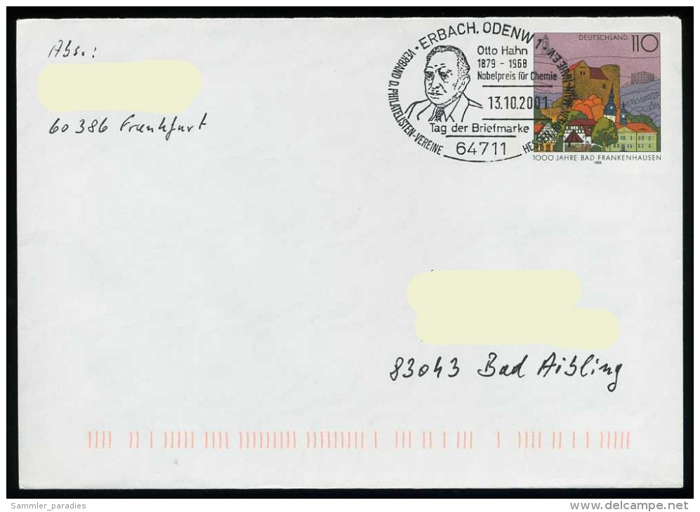 37203) BRD - Ganzsache USo 5 B III Y - SoST In 64711 ERBACH, ODENW 1 Vom 13.10.2001 - Tag Der Briefmarke, Otto Hahn - Maschinenstempel (EMA)