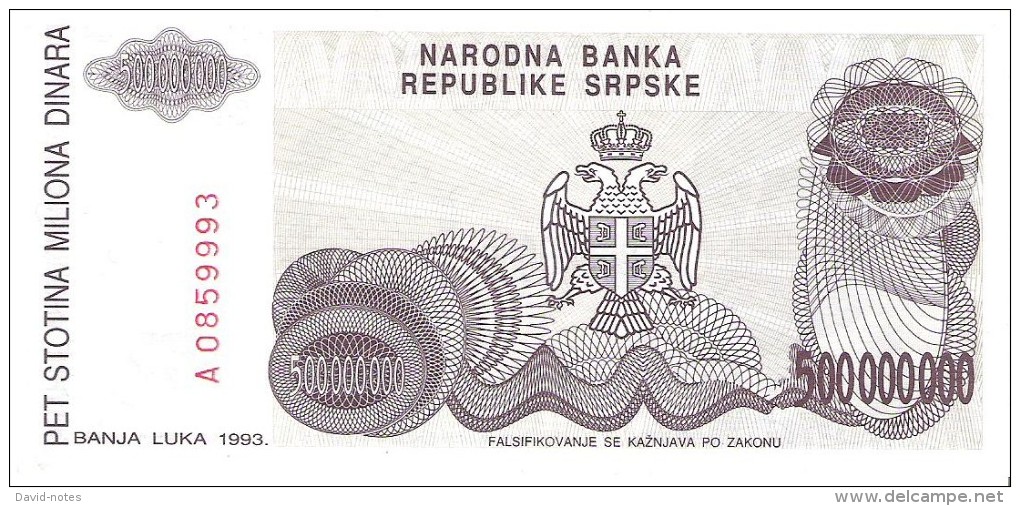 Bosnia And Herzegovina - Pick 155 - 500.000.000 (500000000) Dinara 1993 - Unc - Bosnia Erzegovina