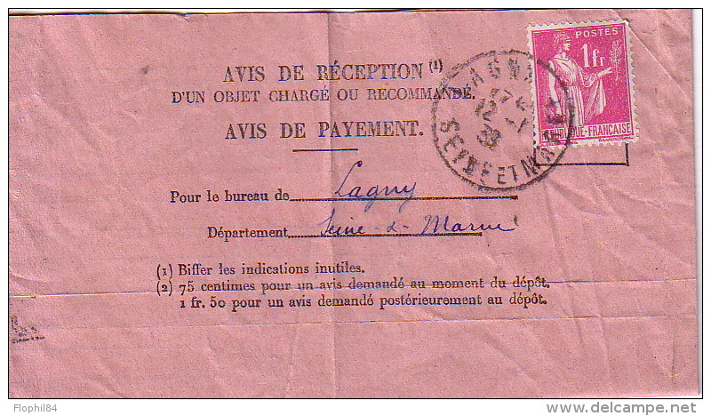SEINE ET MARNE - LAGNY - TYPE PAIX - 1F ROSE SEUL SUR AVIS DE RECEPTION - LE 12-1-1939. - Postal Rates