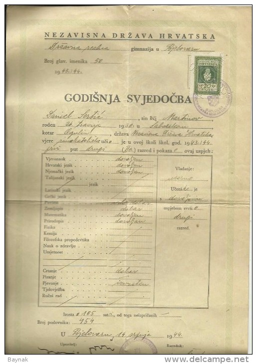 CROATIA, NDH, NEZAVISNA  DRZAVA HRVATSKA --  SCHOOL DIPLOMA, CERTIFICATE, GYMNASIA , 1943  -- TIMBRE FISCAL, TAX STAMP - Diplome Und Schulzeugnisse