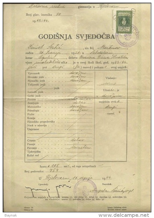 CROATIA, NDH, NEZAVISNA  DRZAVA HRVATSKA --  SCHOOL DIPLOMA, CERTIFICATE, GYMNASIA , 1943  -- TIMBRE FISCAL, TAX STAMP - Diplome Und Schulzeugnisse