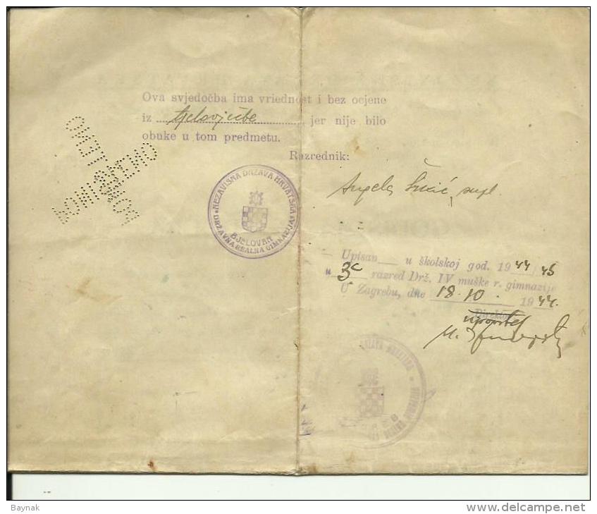 CROATIA, NDH, NEZAVISNA  DRZAVA HRVATSKA --  SCHOOL DIPLOMA, CERTIFICATE, GYMNASIA , 1943  -- TIMBRE FISCAL, TAX STAMP - Diplome Und Schulzeugnisse