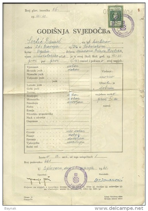 CROATIA, NDH, NEZAVISNA  DRZAVA HRVATSKA --  SCHOOL DIPLOMA, CERTIFICATE, GYMNASIA , 1943  -- TIMBRE FISCAL, TAX STAMP - Diplômes & Bulletins Scolaires