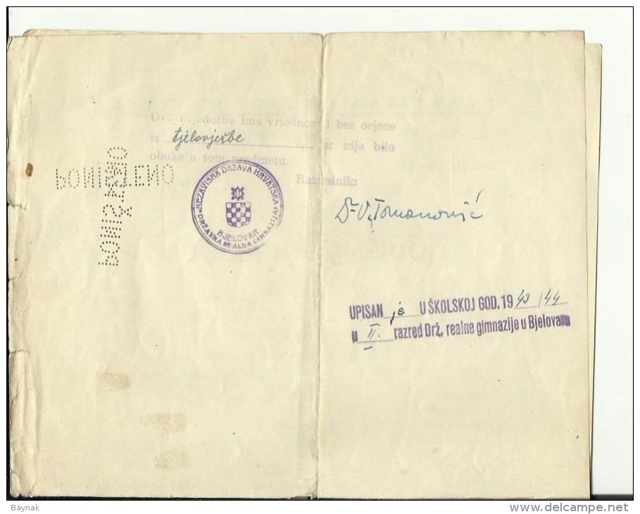 CROATIA, NDH, NEZAVISNA  DRZAVA HRVATSKA --  SCHOOL DIPLOMA, CERTIFICATE, GYMNASIA , 1943  -- TIMBRE FISCAL, TAX STAMP - Diplômes & Bulletins Scolaires