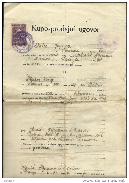 CROATIA, KROATIEN, DRNJE   --  CONTRACT  --  1929  --   TAX STAMP, TIMBRE FISCAL - Documentos Históricos