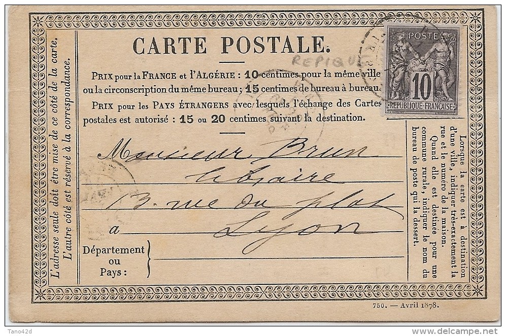 LBON11- CARTE POSTALE PRÉCURSEUR MOD. AVRIL 1878 REPIQUAGE COMMERCIAL VOYAGEE PARIS 20/2/1879 - Precursor Cards