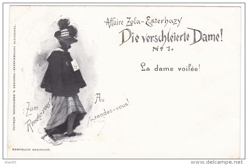 Affaire Zola-Esterhazy Dreyfuss Affair Antisemitism 'Veiled Lady' Image 'Au Rendez-vous' C1890s Vintage Postcard - Events