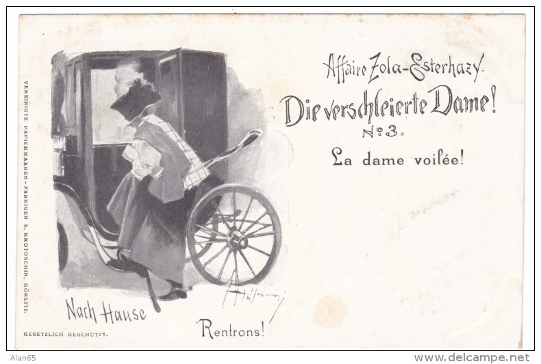 Affaire Zola-Esterhazy Dreyfuss Affair Antisemitism 'Veiled Lady' Image 'Rentrons!' C1890s Vintage Postcard - Events