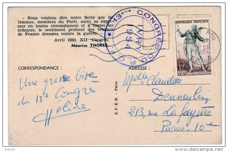 Ivry France 1954 Communist Party Congress, Maurice Thorez Pro Women Statement, C1950s Vintage Postcard - Eventos