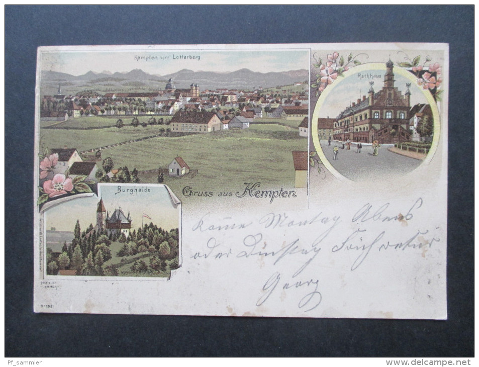 AK / Litho / Mehrbildkarte 1898 Gruss Aus Kempten. Kempten Vom Lotterberg. Burghalde. Rathhaus. Altdeutschland Bayern - Kempten