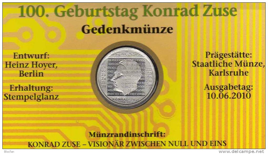 100.Geburtstag Ingenieur Zuse Deutschland Numisblatt 2/2010 BRD 2802 10-KB 39€ Erfinder Des Computer Sheetlet Bf Germany - Otros & Sin Clasificación