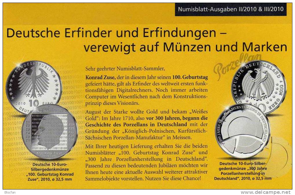 100.Geburtstag Ingenieur Zuse Deutschland Numisblatt 2/2010 BRD 2802 10-KB 39€ Erfinder Des Computer Sheetlet Bf Germany - Otros & Sin Clasificación