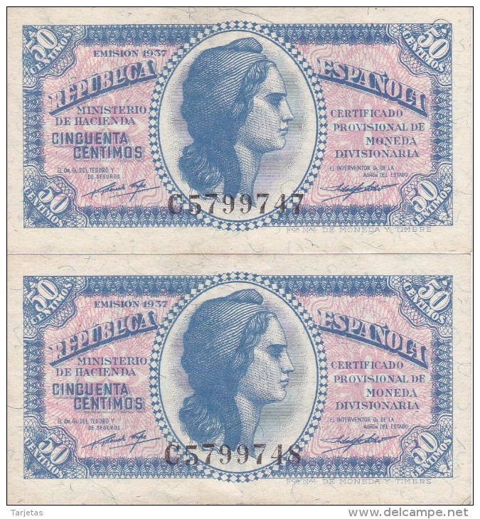 PAREJA CORRELATIVA DE 50 CTS DEL AÑO 1937 SERIE C (MUY RARA) CALIDAD EBC (XF) - Otros & Sin Clasificación