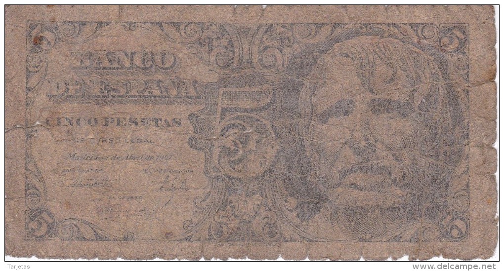 BILLETE DE ESPAÑA DE 5 PTAS DEL AÑO 1947 SIN SERIE  CALIDAD RC   (BANKNOTE) - 5 Pesetas