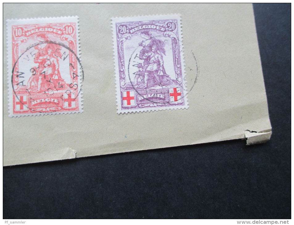 Belgien 1914 Rotes Kreuz Nr. 104 - 106 und 107 - 109 auf einem Umschlag! Satzbrief! KW für gestempelt: 65€