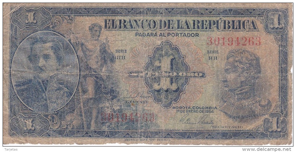 BILLETE DE COLOMBIA DE 1 PESO DE ORO DEL AÑO 1954  (BANK NOTE) - Colombia