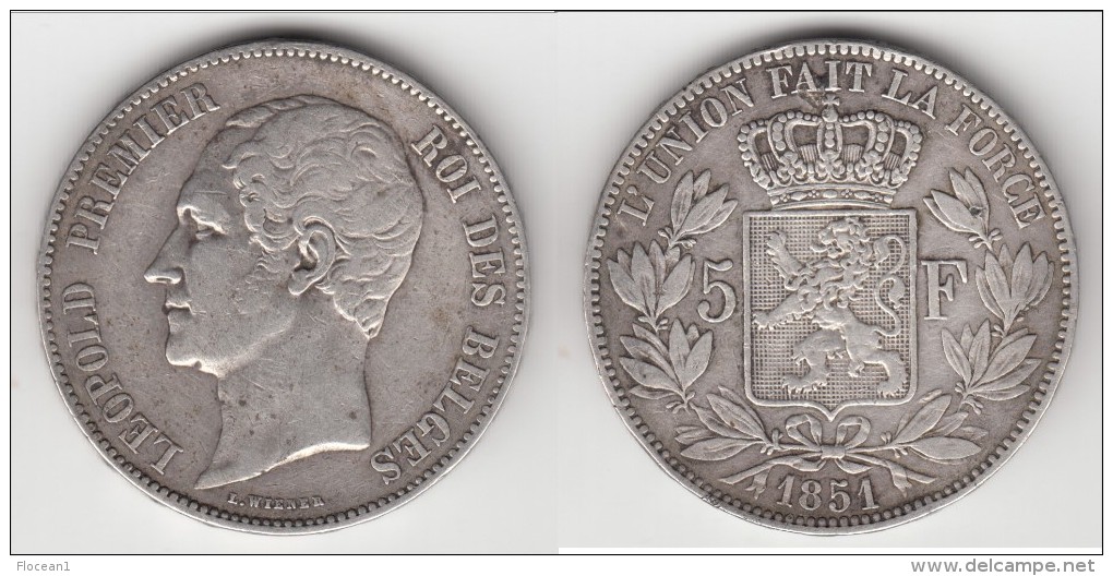 **** BELGIQUE - BELGIUM - 5 FRANCS 1851 (SANS POINT) LEOPOLD PREMIER - ARGENT - SILVER **** EN ACHAT IMMEDIAT - 5 Francs