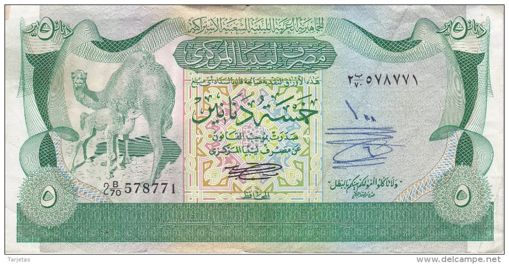 BILLETE DE LIBIA DE 5 DINARS DEL AÑO 1980 (BANKNOTE) CAMELLO-CAMEL - Libia