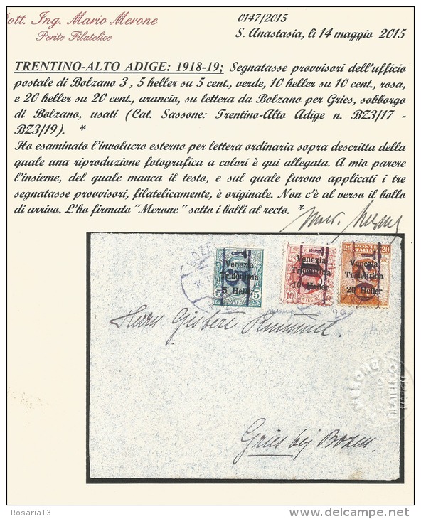 STORIA POSTALE, REGNO D'ITALIA---TRENTINO--ALTO  ADIGE.  1918--19,   CERTIFICATO, SEGNA TASSE PROVVISORI, - Trentin