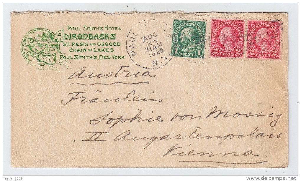 USA/Austria PAUL SMITHS HOTEL ADIRONDACKS CANOE ADVERTISING COVER 1928 - Postal History