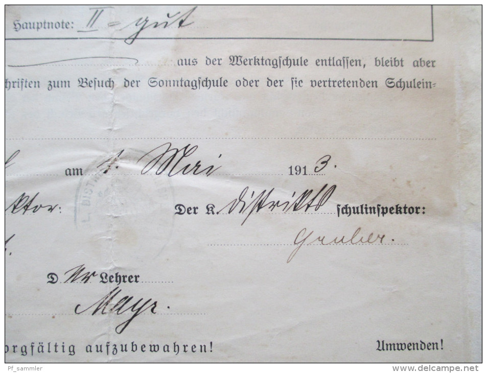 Schlusszeugnis der Werktagsschule 1913. Hauptnote II = gut. Interessantes Dokument