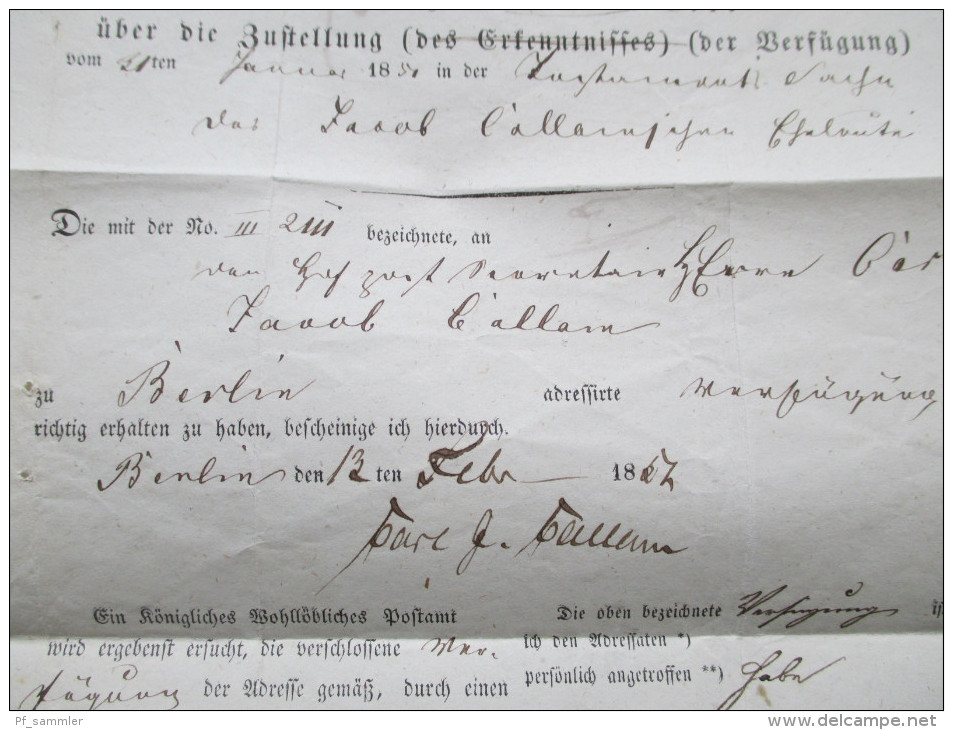 Post - Insinuations - Dokument / Behändigunsschein 1857 Berlin L2 Marken Leider Abgelöst!! Nach Stolp (heute Polen) - Cartas & Documentos