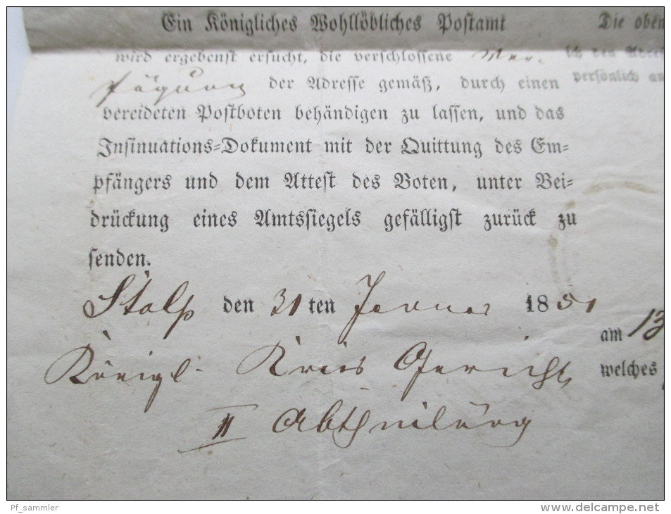 Post - Insinuations - Dokument / Behändigunsschein 1857 Berlin L2 Marken leider abgelöst!! Nach Stolp (heute Polen)