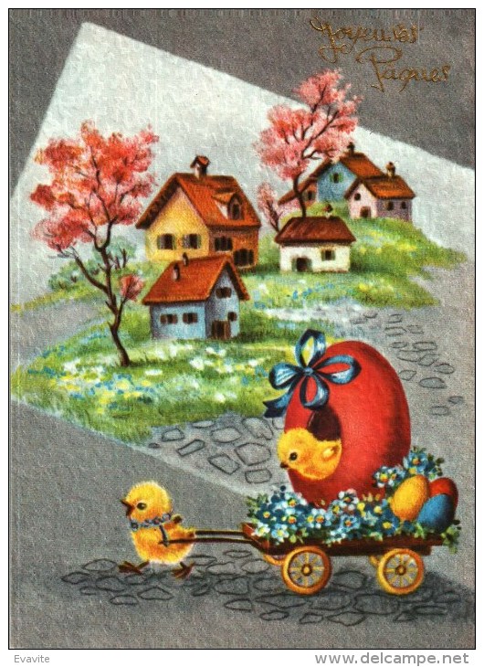 Carte Postale  -  Fête   -   Joyeuses Pâques -  Petits Poussins, Attelage Fleuri, Oeuf - Pâques