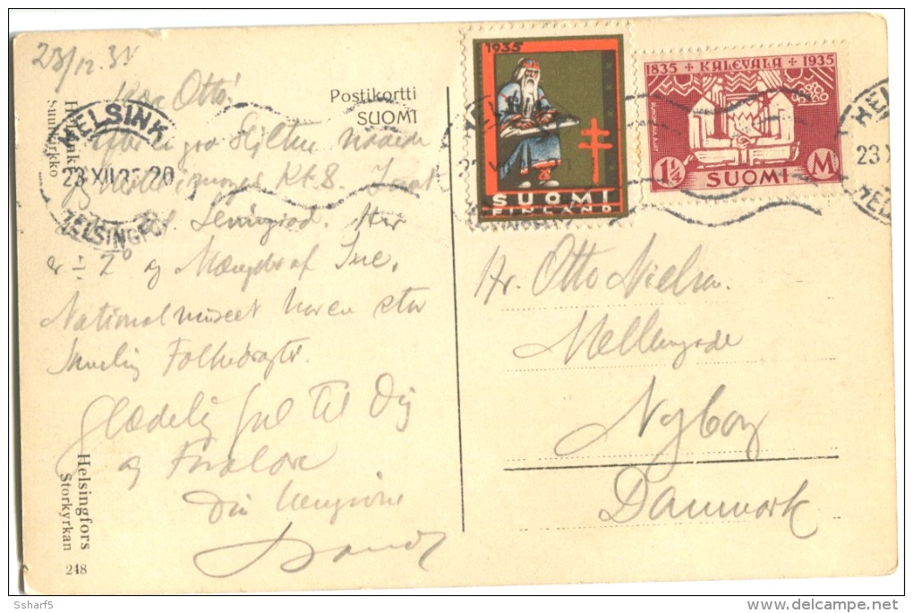CHRISTMAS STAMP Santa Claus Anti-Tuberculosis 1935 + Kalevala 1 M 25 Red On Postcard To Denmark - Briefe U. Dokumente
