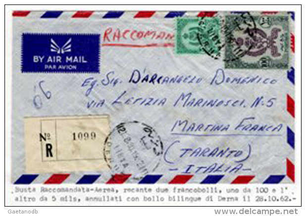 Derna-00119a-A (Busta, Raccomandata,via Aerea, Con Bella Affrancatura E Bollo Bilingue) - Libië