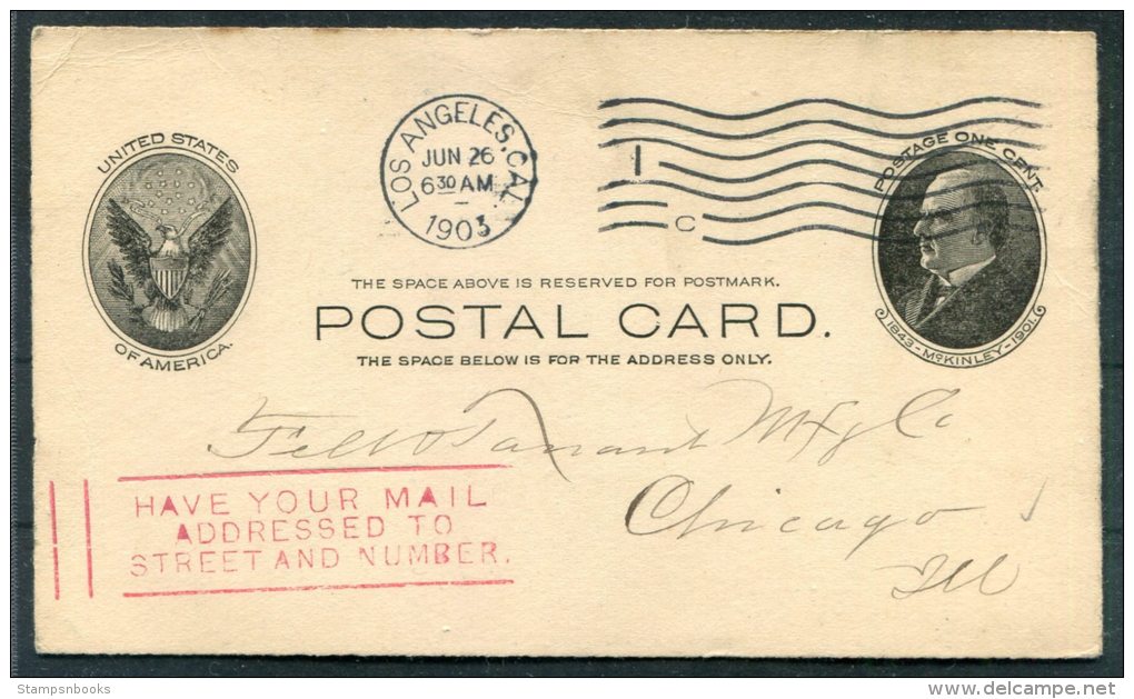 1903 USA Los Angeles Stationery Postcard 'Have Your Mail Addressed To Street &amp; Number' Post Office Cachet - Lettres & Documents