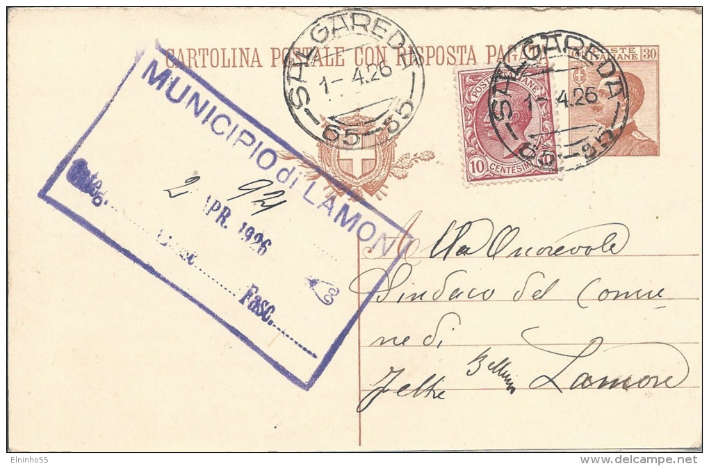 1926 Cartolina Postale C. 30 Con Risposta Da Salgareda (Treviso) Per Lamon - Annullo Tondo Frazionario - Entiers Postaux