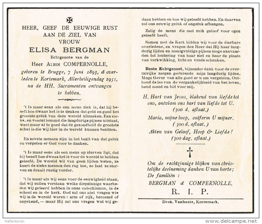 Brugge / Kortemark  : Vrouw Elisa Bergman; 1951 ( 2 Scans) - Images Religieuses