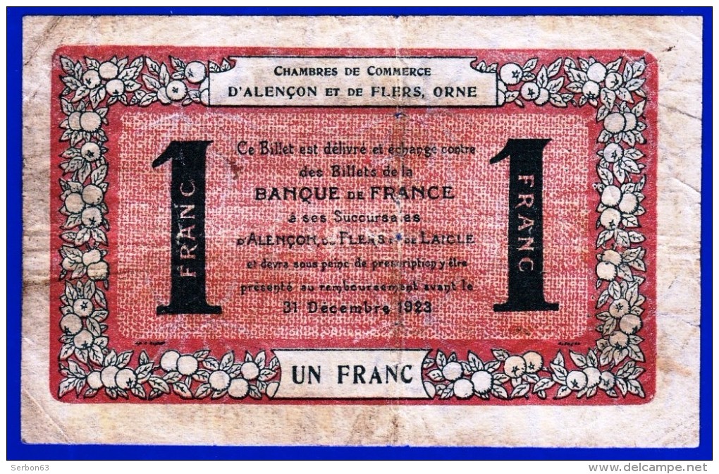 BON - BILLET - MONNAIE - 1915 UN FRANC CHAMBRE DE COMMERCE D'ALENCON ET DE FLERS 61000 ORNE N° 4-F-2 - 3,171 - Chambre De Commerce