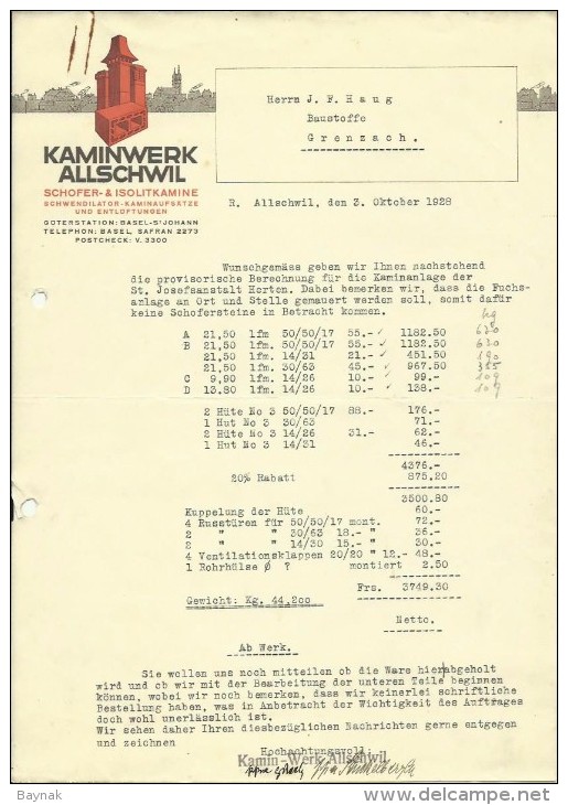 FAKTURA, RECHNUNG, INVOICE  --  KAMINWERK ALLSCHWIL  --  1928 - Schweiz