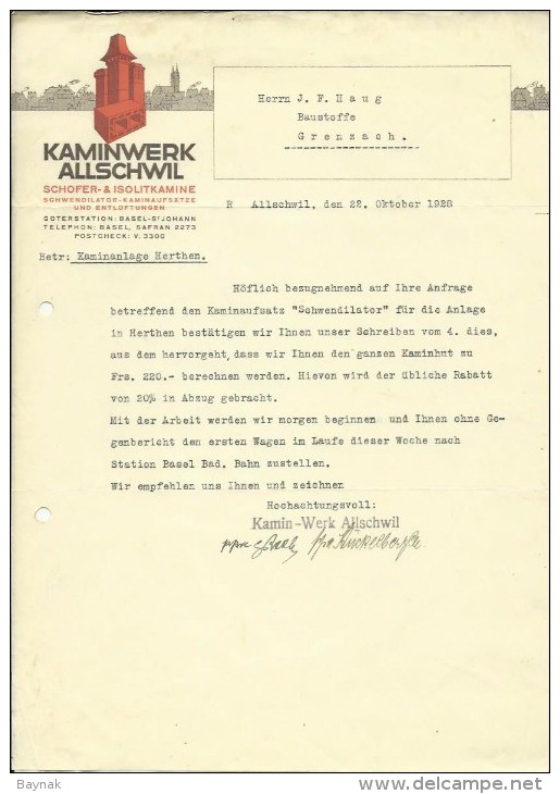 FAKTURA, RECHNUNG, INVOICE  --  KAMINWERK ALLSCHWIL  --  1928 - Schweiz