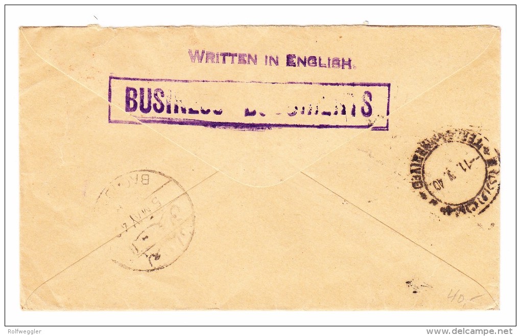 Indien 30.4.1940 Bombay Flugpost Brief Mit Freimarken Mit Zusatz Nach Teheran Vermerk "Not Opened By Censor" - Autres & Non Classés