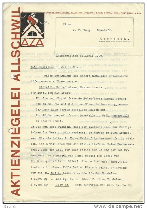 FAKTURA, RECHNUNG, INVOICE  --  A.G. AZA,  --  AKTIENZIEGELEI ALLSCHWIL  --  1929 - Schweiz