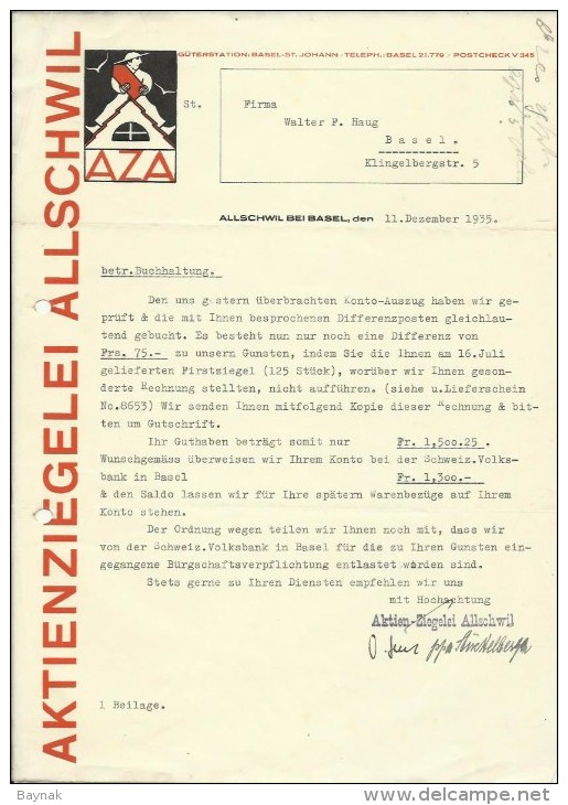 FAKTURA, RECHNUNG, INVOICE  --  A.G. AZA,  --  AKTIENZIEGELEI ALLSCHWIL  --  1935 - Schweiz