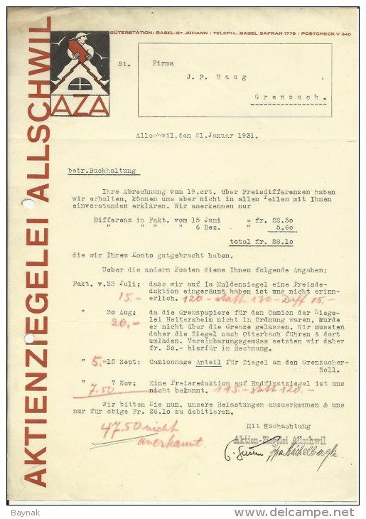 FAKTURA, RECHNUNG, INVOICE  --  A.G. AZA,  --  AKTIENZIEGELEI ALLSCHWIL  --  1931 - Schweiz