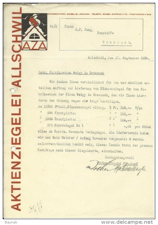 FAKTURA, RECHNUNG, INVOICE  --  A.G. AZA,  --  AKTIENZIEGELEI ALLSCHWIL  --  1929 - Schweiz